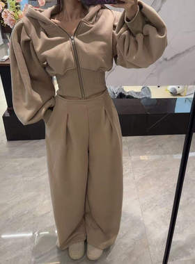 【实穿选手】原单订制连帽泡泡袖收腰上衣 阔腿裤卫衣套装