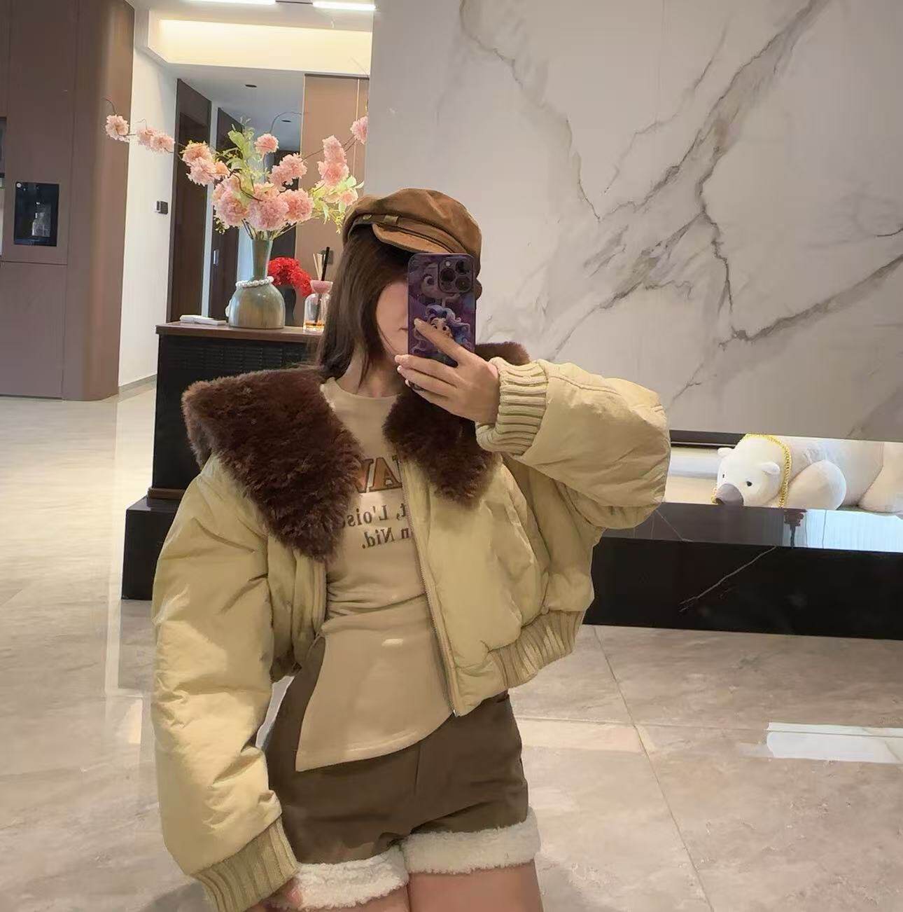 【芙芙松饼】原单订制短款翻领拼接毛毛短款棉服外套