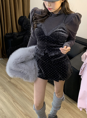 【团宠千金】泡泡袖双面绒上衣蕾丝拼接立体车线不规则裙裤两件套