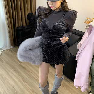 【团宠千金】泡泡袖双面绒上衣蕾丝拼接立体车线不规则裙裤两件套