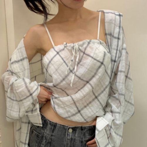 韩国chic春夏季新款格子系带抹胸背心+轻薄翻领长袖衬衫两件套