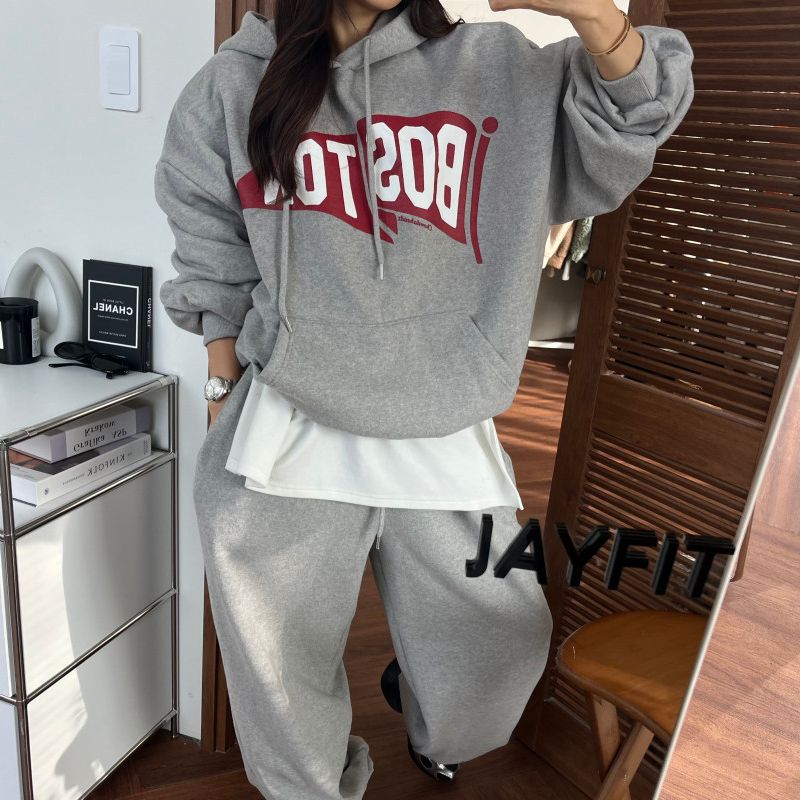 2025冬季新款韩版时尚字母印花加绒卫衣上衣+束脚休闲卫裤两件套