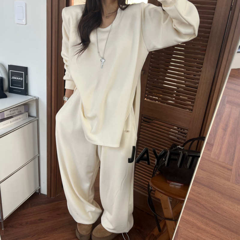 2025韩系新款冬季慵懒侧边开叉加绒卫衣上衣＋束脚长裤两件套套装