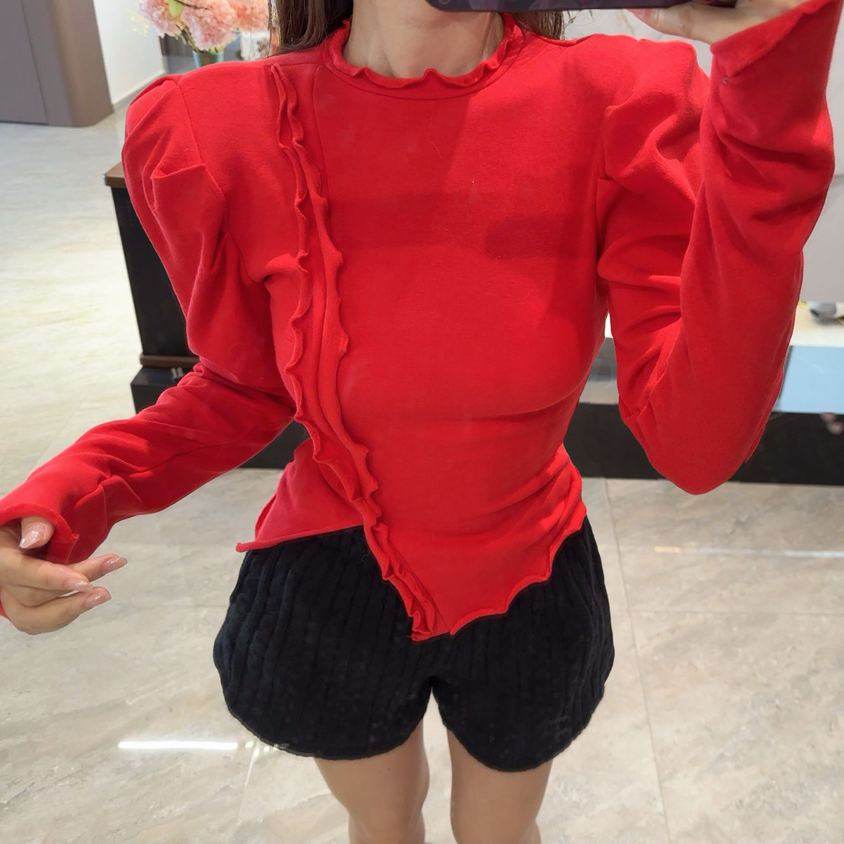 【浪漫限定】原单针织短裤 纯色木耳边领泡泡袖开叉长袖上衣