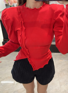 【浪漫限定】原单针织短裤 纯色木耳边领泡泡袖开叉长袖上衣