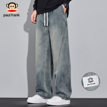 PaulFrank/大嘴猴秋季新款美式弯刀牛仔裤男拼接复古高街款休闲裤