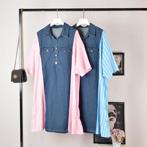 假两件条纹拼接牛仔短袖衬衫裙