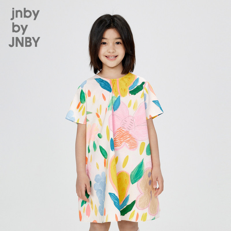 江南布衣童装棉印花府绸中长款短袖连衣裙女童儿童jnbybyjnby