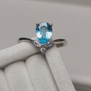 天然磷灰石戒指 帕拉伊巴颜色 正宗霓虹蓝色 全净体 v字优雅款式