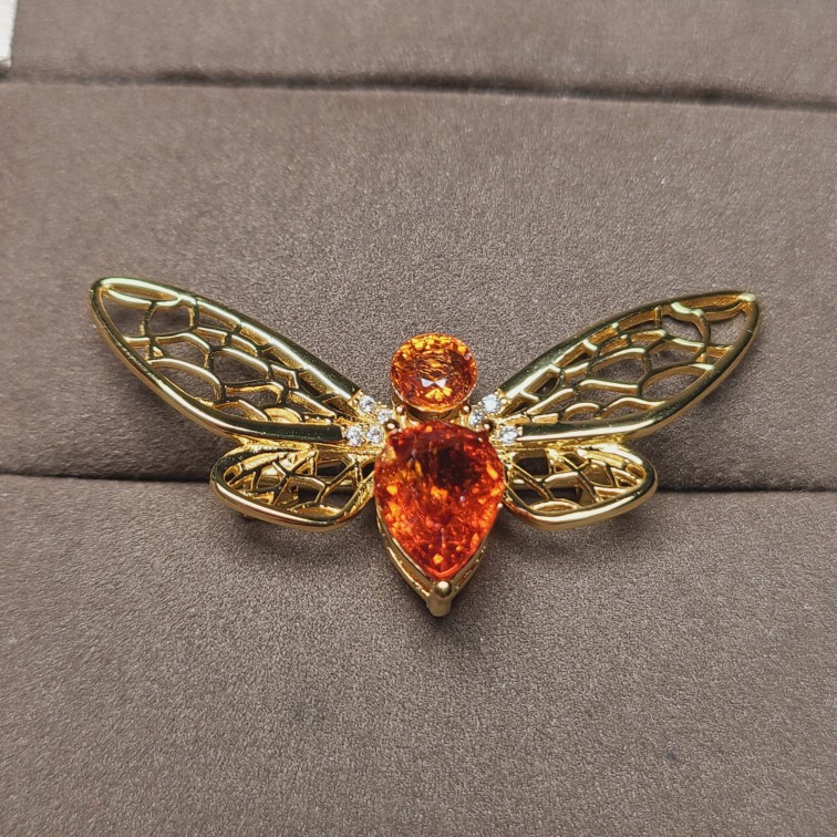 芬达石胸针 橘子汽水颜色的蝴蝶 精工镶嵌