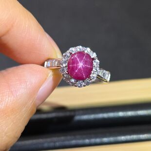 天然星光红宝石戒指重量2.38克拉天然无烧无处理星线清晰犀利银镶