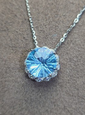 烟花切工天空蓝托帕石吊坠宝石尺寸10*10mm 重约4克拉925银镀白金