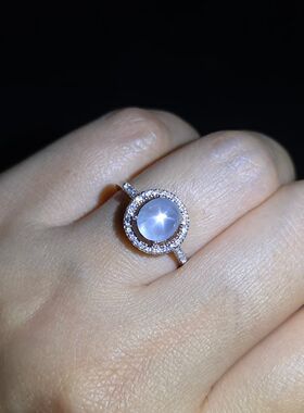 天然星光蓝宝石戒指重量2.19克拉晶体细腻透亮颜色奶蓝色925银镶