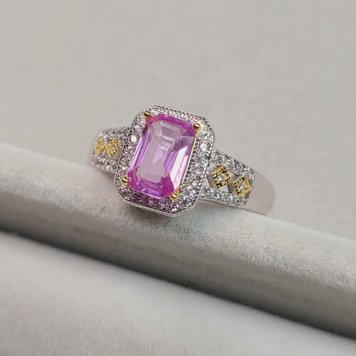 帕帕拉恰蓝宝石戒指 长方形莲花蓝宝石 天然无烧  宝石全净无暇