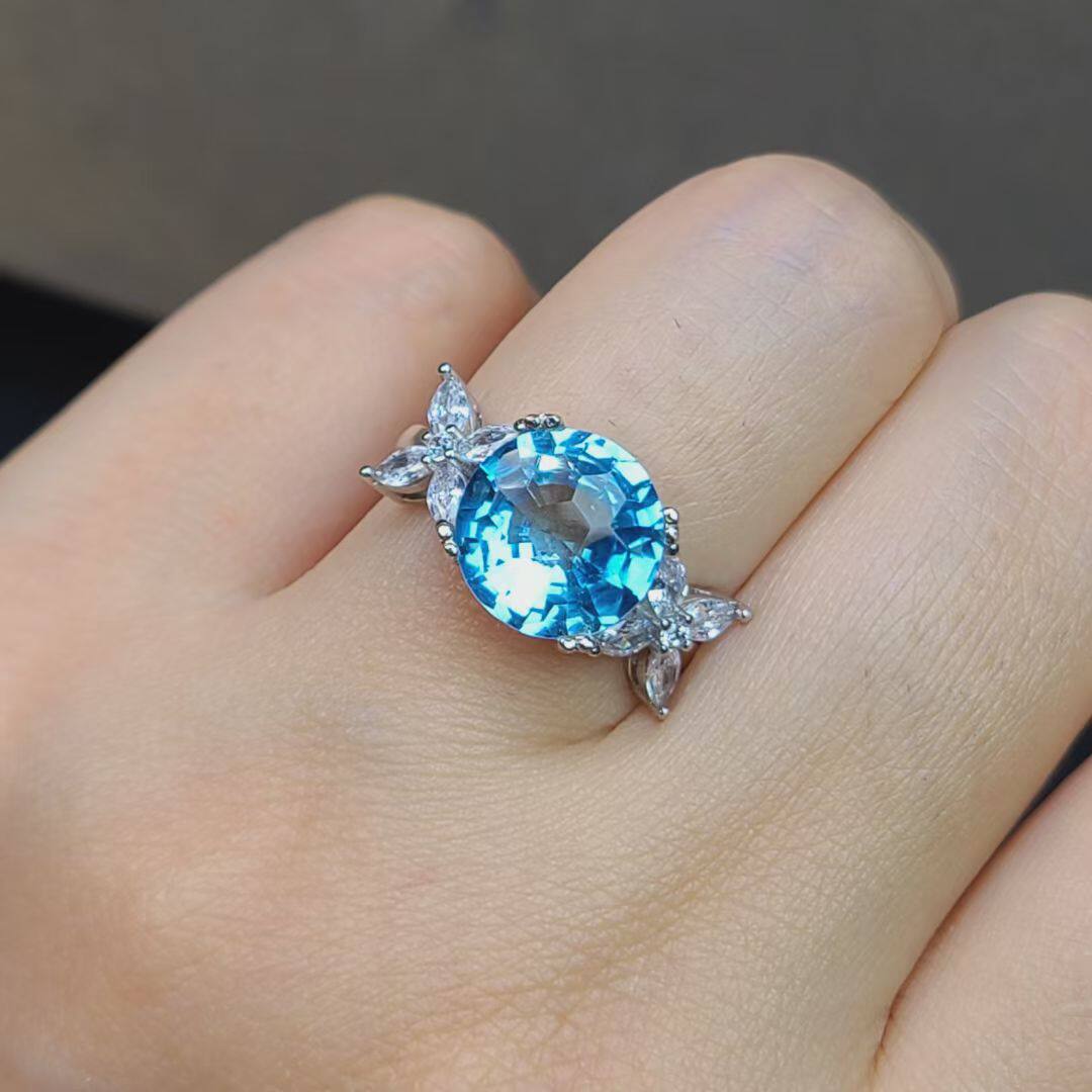 正品托帕石戒指新切割方法爆闪孤品阿斯切和菠萝切全净体925银镶