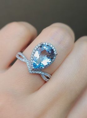 海蓝宝戒指 清新 闪亮透干净 清爽 水滴8*12mm尚美款显大显白优雅