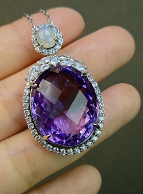 天然紫水晶大吊坠重量42.9克拉19.7*24.6mm菠萝切配欧泊一颗925银