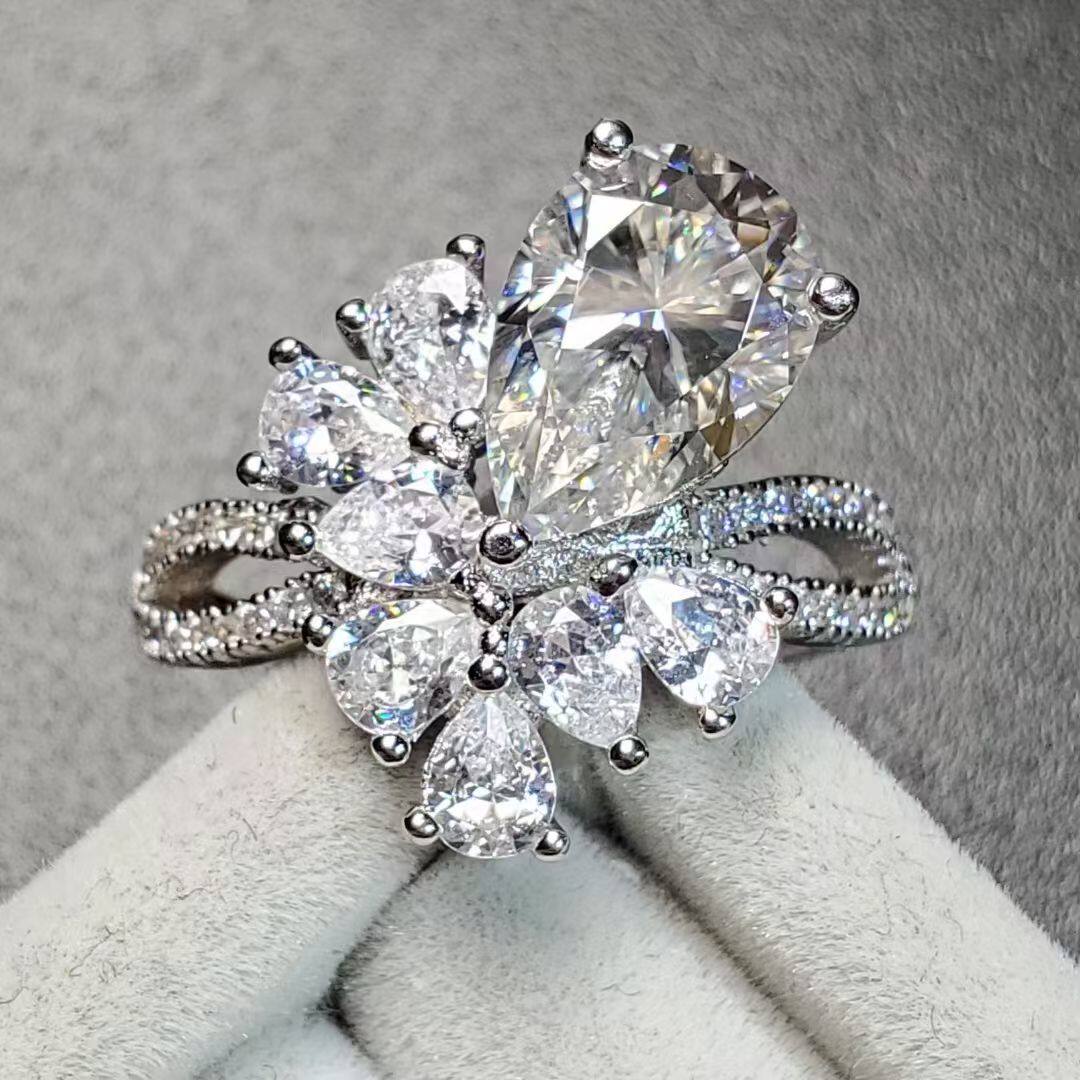 3克拉异形莫桑钻戒指水滴7×10毫米925银子镀白金活口设计