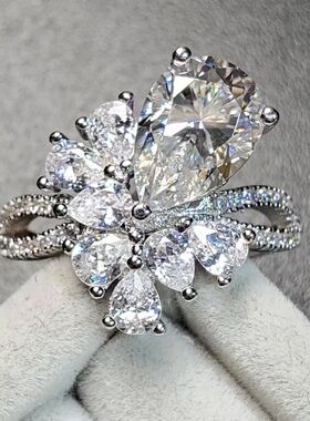 3克拉异形莫桑钻戒指水滴7×10毫米925银子镀白金活口设计