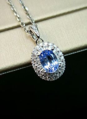 天然矢车菊蓝宝石吊坠重量0.97克拉5*7mm全净体实物布灵布灵闪