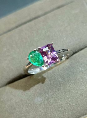 天然双石戒指祖母绿+尖晶石紫色尖晶石尺寸4.5*6.3mm祖母绿4*6mm