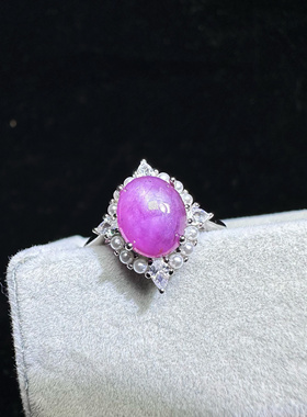 孤品2.39克拉无烧天然红宝石戒指925银有点星光效应玫红色原矿