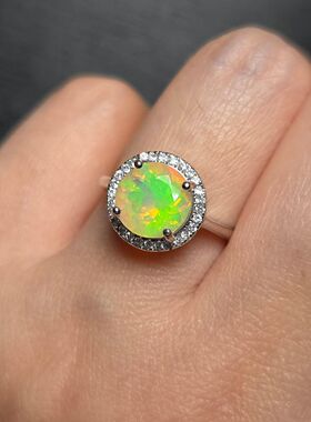 天然欧泊戒指刻面欧泊春天萌芽的颜色绿火+橘色直径8mm925银活口