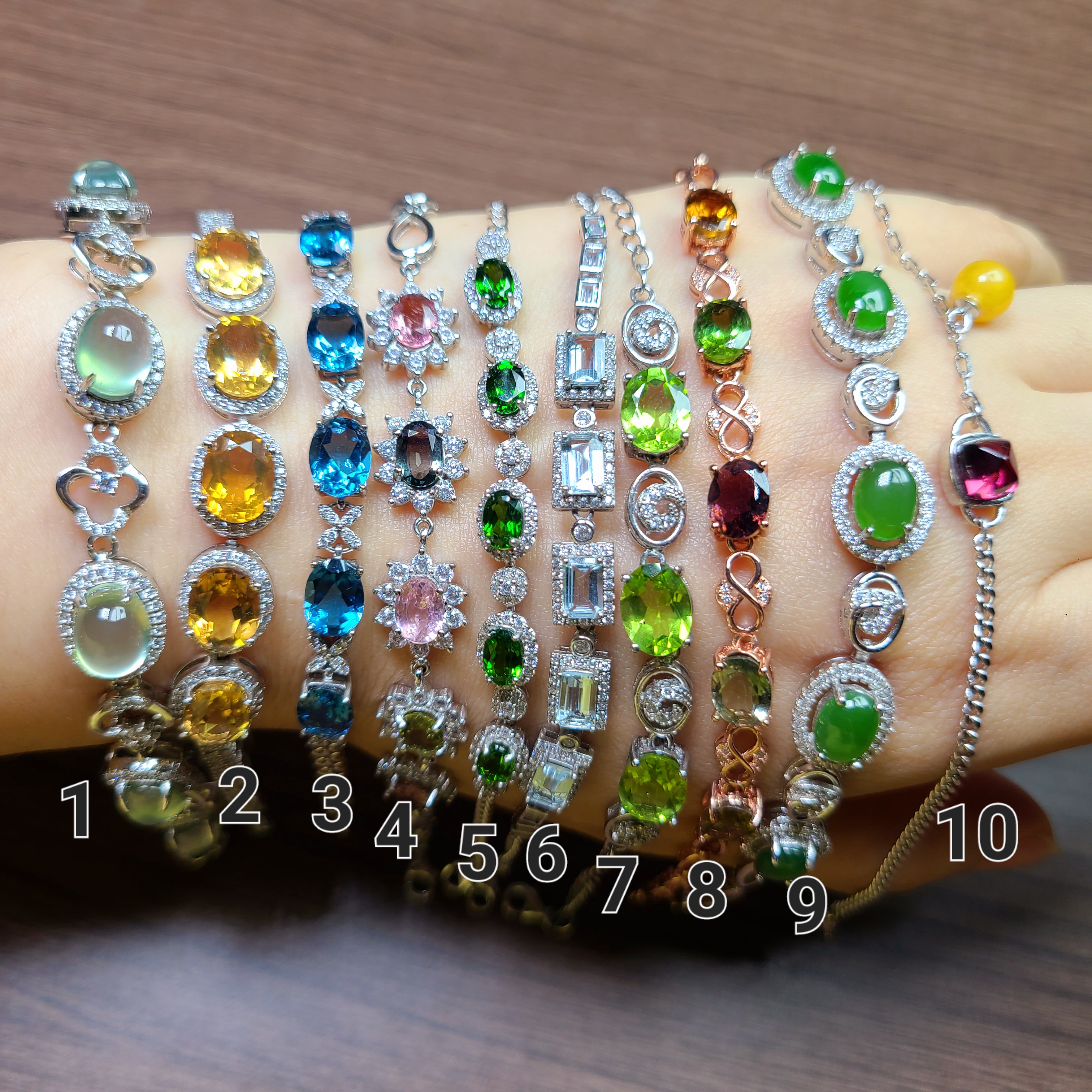 彩色宝石手链 葡萄石 碧玺 海蓝宝石 托帕石 等等 各种彩宝 银镶