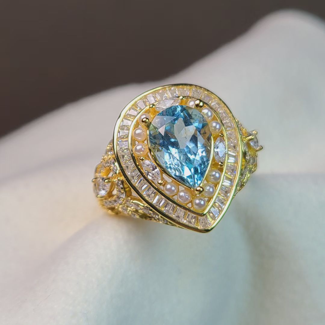 海蓝宝石戒指 复古豪华精工款 水滴海蓝宝 精致 颜色好 清爽干净