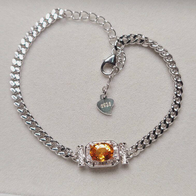 芬达石手链 古巴链款式 宽链条精工镶嵌 明橙色 橘子汽水颜色宝石