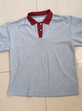 棉质款酒红拼浅灰色校服短袖男女通用班服POLO衫上衣酒红领子T恤