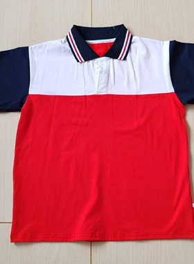 夏白色拼大红色校服短袖藏蓝领上白红白条男女通用T恤班服POLO衫