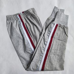 团体男女中小学生加绒校服裤子浅灰螺纹收口拼红白反光三道杠四季