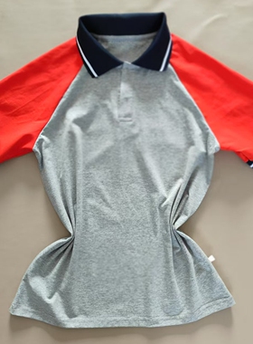 浅灰色校服短袖男女通用中小学生班服大红插肩袖T恤上衣POLO衫棉