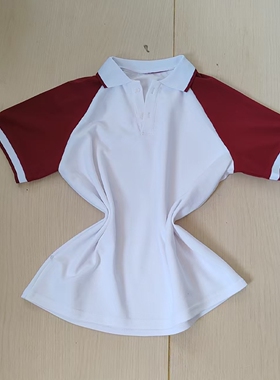 夏白色校服短袖棉T恤酒红插肩袖白领袖口拼酒红边通用班服POLO衫