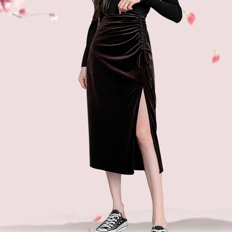 百搭款黑色金丝绒半身裙女高腰褶皱不规则设计感抽绳开叉中长款裙