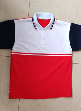夏季白色拼大红短袖藏蓝袖白领红蓝条男女通用班服POLO衫上衣T恤