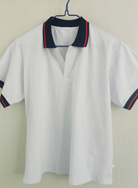 白色短袖藏蓝领袖口拼大红条男女通用班服POLO衫T恤棉质夏季上衣