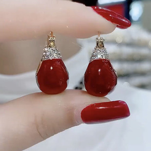 红色滴釉耳扣复古气质2025新年红色耳饰小众设计轻奢港风银针耳环