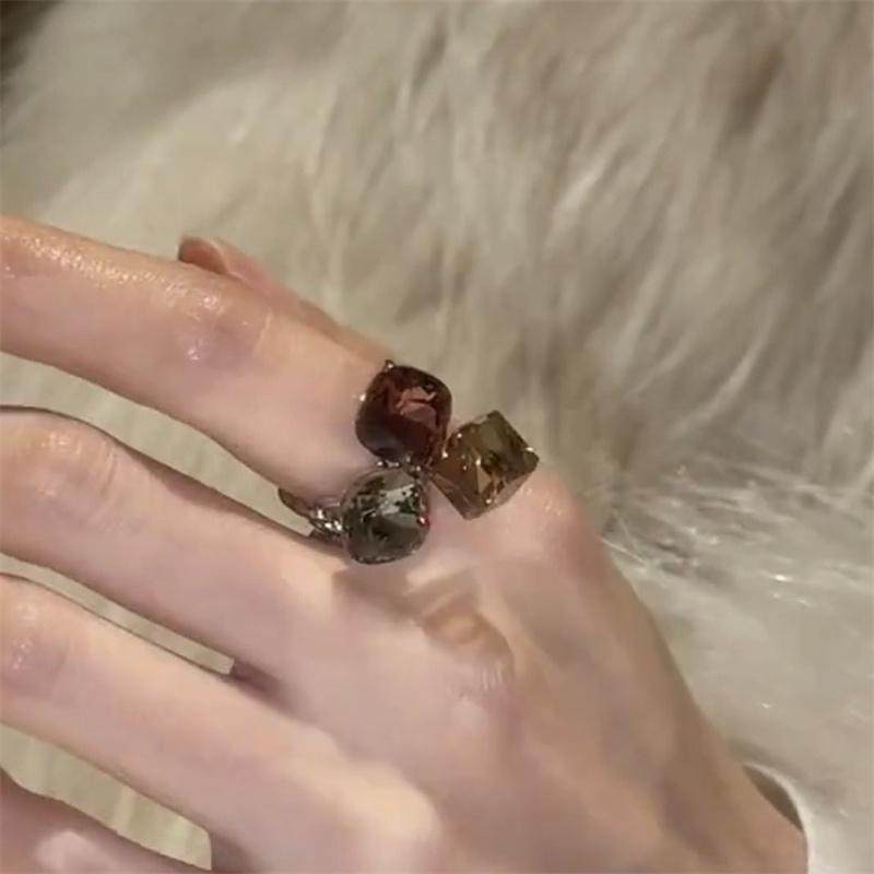 美拉德立体方块水晶几何戒指气质小众高级感指环饰品开口食指戒子
