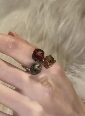 美拉德立体方块水晶几何戒指气质