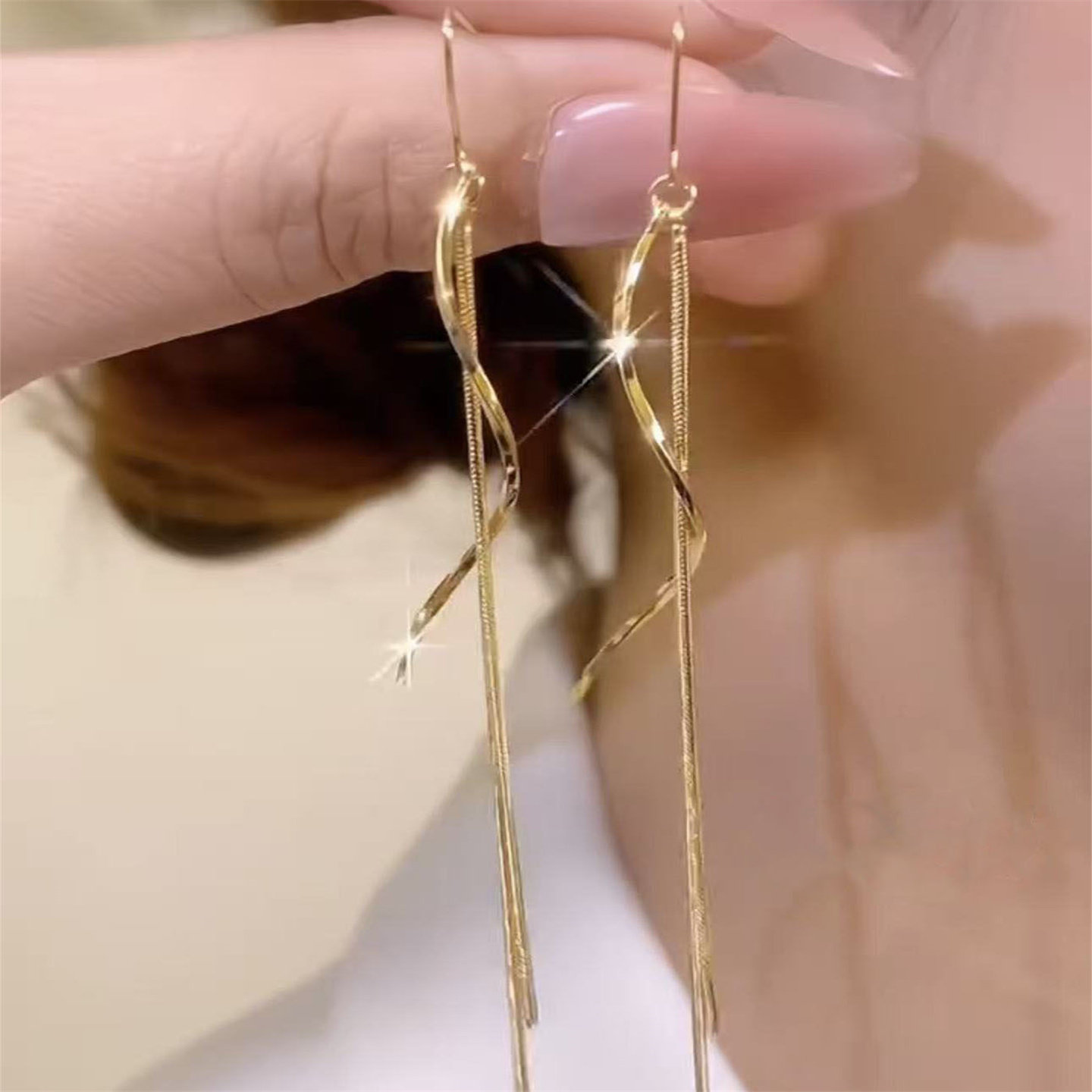 金色波浪长流苏耳环女925银耳钉