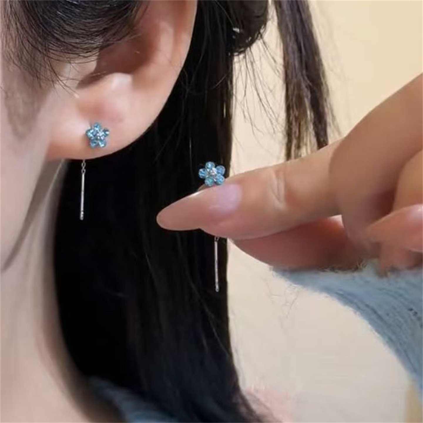 蓝色水晶花朵流苏耳线女耳环