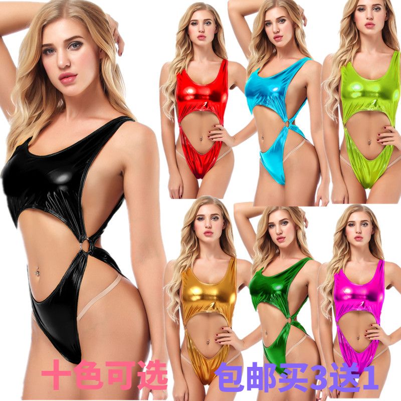 女士性感漆皮装欧美大码PU亮面连体衣三点式铁环系带内衣露肚脐