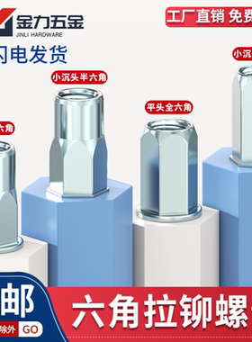 碳钢铁镀锌蓝白锌拉铆螺母平头小沉头全半六角加长拉卯GB17880.5