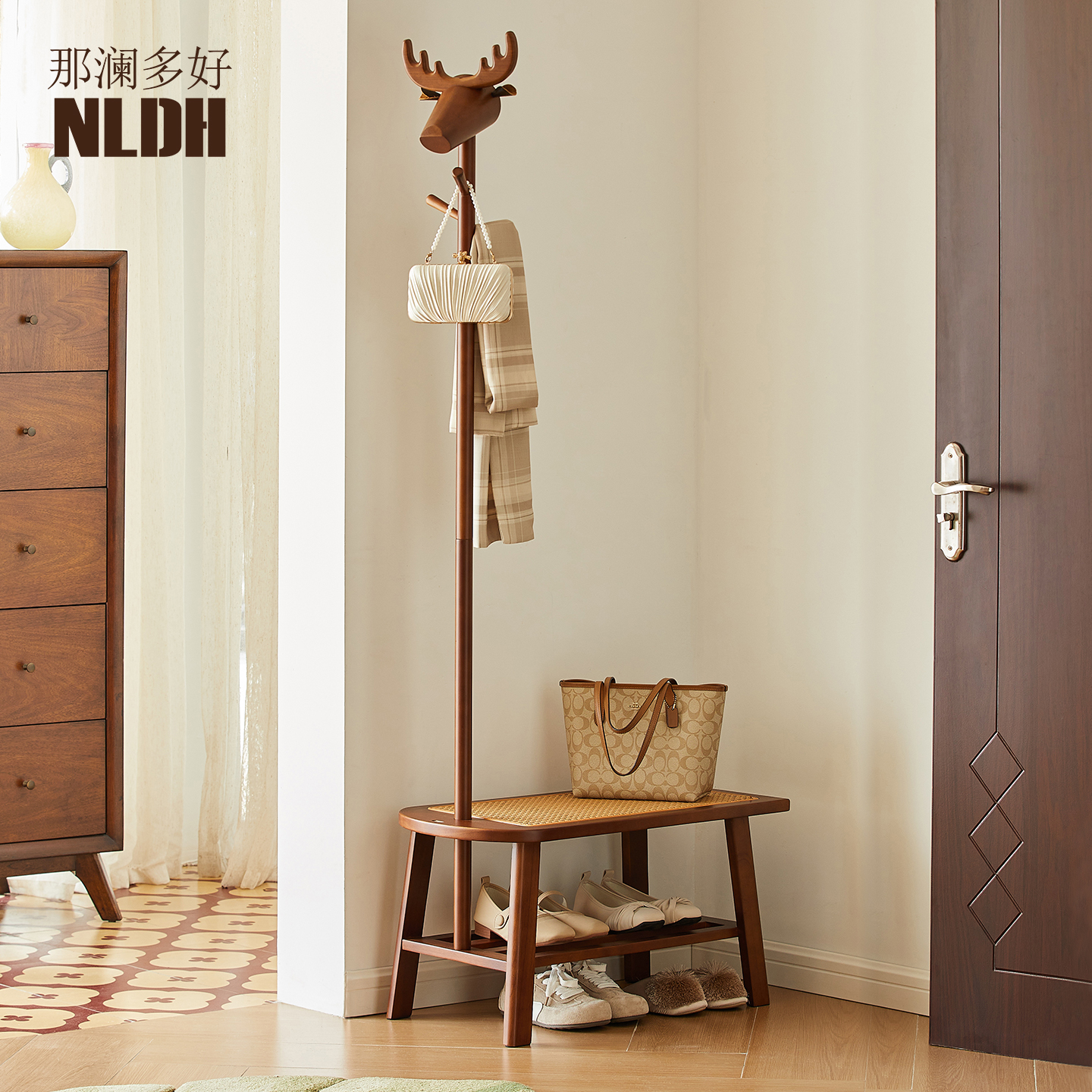 入户门实木换鞋凳衣帽架一体玄关凳子门口家用穿鞋凳衣架进门坐凳