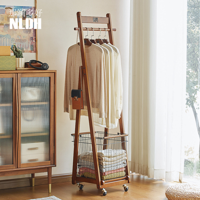实木可移动衣帽架落地挂衣架卧室角落不占空间脏衣篓小型立式衣架
