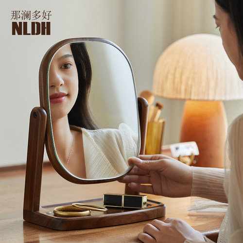 那澜多好那澜多好现代台式旋转梳妆镜子卧室实木化妆镜桌面美妆镜