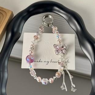 高级感轻奢风水晶合金蝴蝶手机链条挂绳树脂包包钥匙挂件ins风