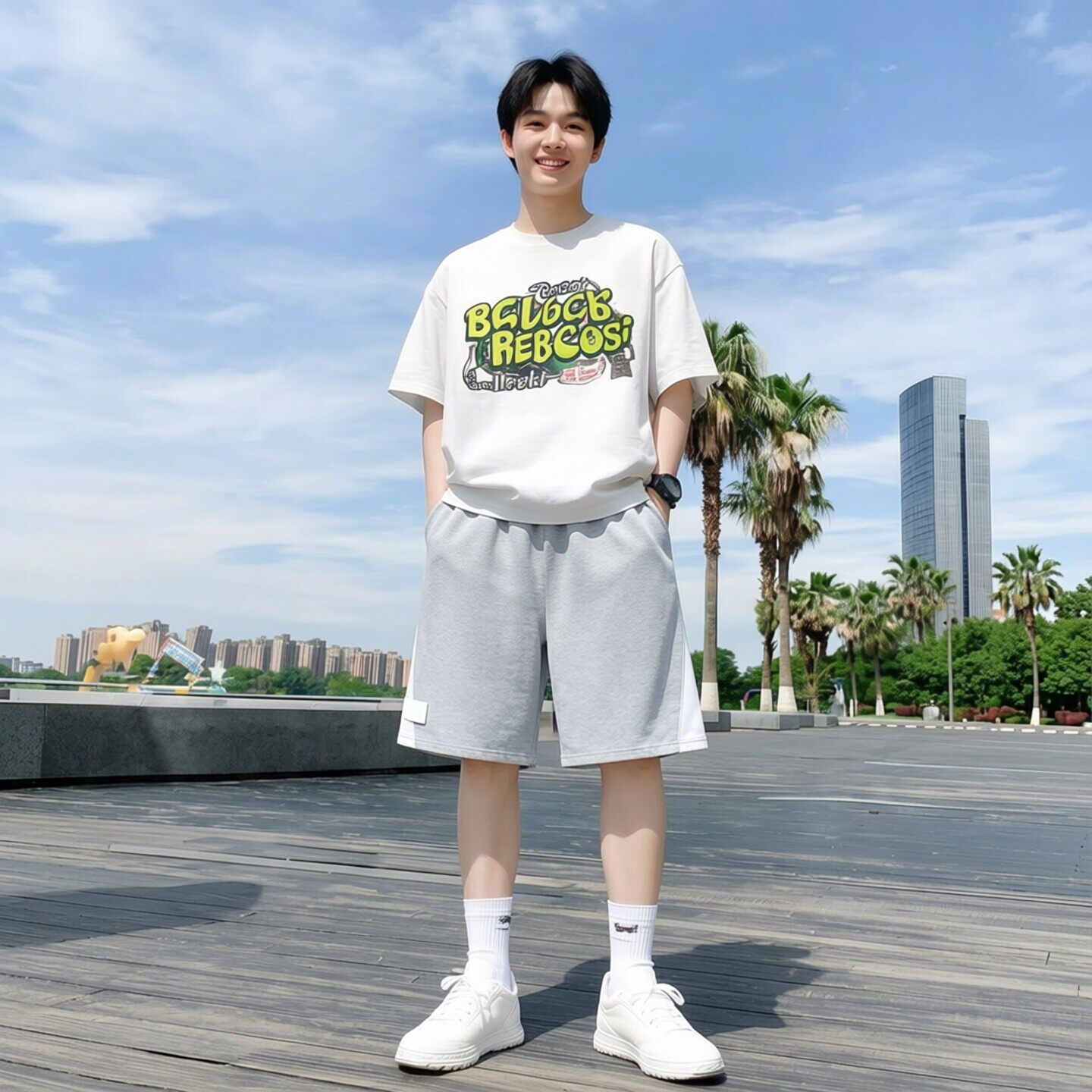 李宁宽松五分裤男夏季弹力青少年百搭运动休闲短裤花灰色中腰裤子